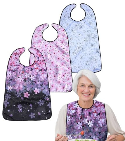 Meituseo Lätzchen für Erwachsene, für ältere Menschen, Senioren und Behinderte, großes Lätzchen, waschbar, lange Lätzchen, Kleidungsschutz mit Auffangbehälter und Klettverschluss, 3 Stück