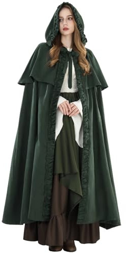 Fiamll Mittelalter Umhang Damen Kapuze Mantel mit Manschette Einfarbige Trenchcoat Renaissance Vampir Umhang Gothic Cosplay Cape Karneval Kostüm Grün S