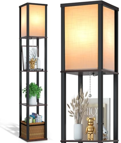 Omdekor Stehlampe aus Holz, Moderne Stehleuchte mit Schwarz Regal, Standleuchte Holzablage 3 Farbtemperaturen Birne, Beleuchtung E27 Fassung für Wohnzimmer Büro Schlafzimmer Flur Ecke(Kein Korb)