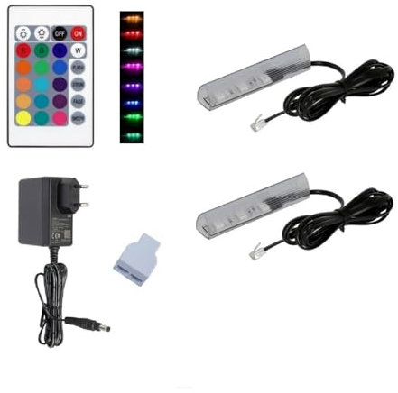 QLS LED RGB Set Glaskantenbeleuchtung Clip 12V mit Fernbedienung 16 Farben Dimmbar (Schwarz, 2 Stück)