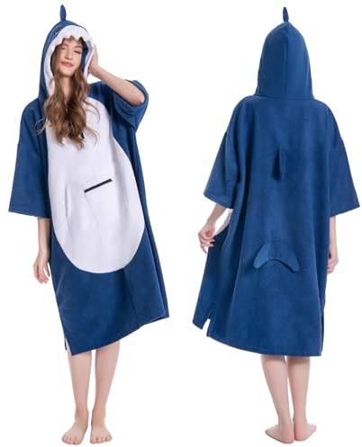 OLAOLA Surf Poncho Wickeltuch, Bademantel, Poncho mit Tasche, Übergröße, schnell trocknend, Frottee, Kapuze für Damen, Herren, Hai, Erwachsene