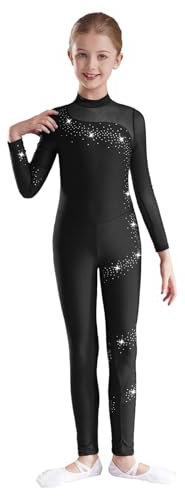 Jugaoge Mädchen Rollkragen Ganzkörperanzug Glitzer Turnanzug Gymnastikanzug Mesh Spleiß Ballett Tanz Body Einteiler Tanzbekleidung Schwarz 146-152