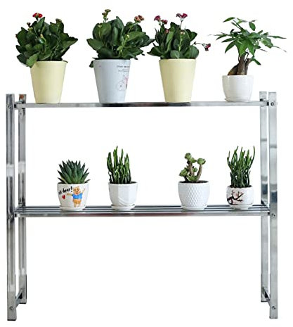 Blumenregal aus Edelstahl, 2 Etagen, Pflanzenständer mit Ausstellungsregalen für Terrasse, Garten und Balkon, strapazierfähig, max. 100 kg Kapazität