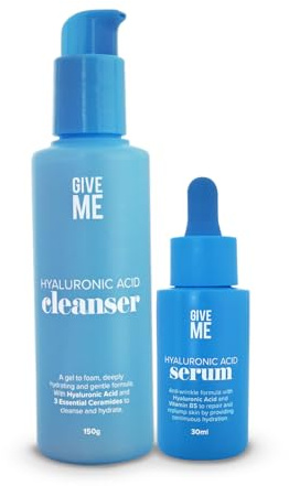Give Me Cosmetics Hyaluronic Acid Cleanser & Serum, Deep Hydration Skin Duo, with Hyaluronic Acid, Vitamin E & Tripeptides, Reduces Fine Lines and Wrinkles