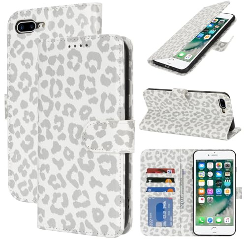 Zouzt Wallet Case for iPhone 8 Plus/iPhone 7 Plus (5.5), White Leopard | Premium PU Leather, with Credit Card Holder Slot, Shockproof TPU Shell, Magnetic Closure, Protective Flip Folio Phone Cover
