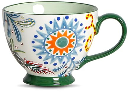 Keramik Tasse mit Handbemalt Blumenmuster, Groß Farbige Kaffeetasse 450ml, Porzellan Tasse Kaffee Becher für Capuccino, Milch, Kaffee, Tee, Süßes Geschenk (C)