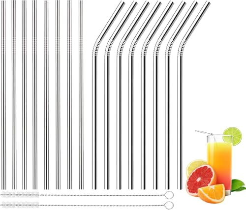 16 Pcs Stainless Steel Straws,Stainless Steel Straws, Reusable Metal Drinking Straws with 2 Cleaning Brush for Smoothie, Milkshake, Cocktail and Hot Drinks