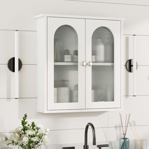 Mepplzian 56x58 White Bathroom Cabinet,Bathroom Wall Cabinets with Arched Double Doors,Wall Mounted Cabinet for Over Toilet,Surface Mount Kitchen Wall Cupboard,Storage Cabinet with Shelves