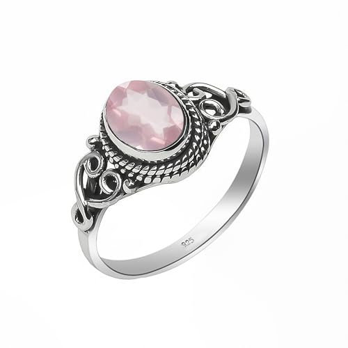 Bague en pierre précieuse, bague en argent sterling 925 pour femmes et hommes, bague en pierre de quartz rose naturelle, design élégant, ovale 6 x 8 mm, bague de fiançailles NH-RSQRZ-8.5