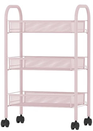simpa 3 & 4 Tier Metal Multipurpose Wheeled Storage Basket Trolley Utility Carts. (Pink, 3 Tier)