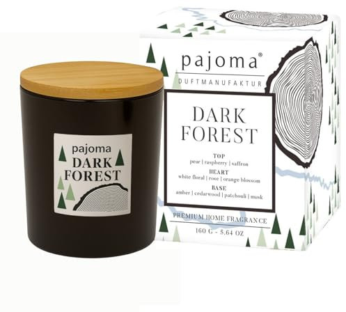pajoma® Duftkerze im Glas Dark Forest, 140 g mit Bambusdeckel 27 Std. Brenndauer, intensiver Duft Kerze in Geschenkverpackung | Fruchtige Noten von Birne, Rose & Amber - Luxus-Deko für Zuhause