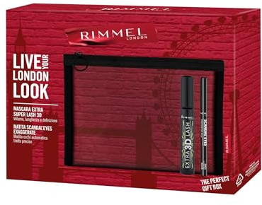 Rimmel London Geschenkbox Live Your London Look, Tasche mit extra Super Lash 3D Mascara und Augenstift Scandal'Eyes Exaggerate Eye Definer