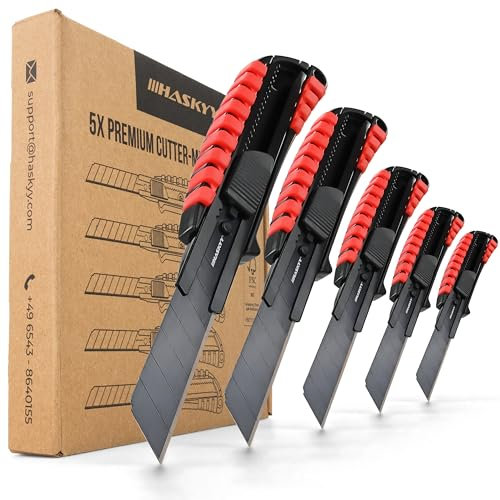 HASKYY Lot de 5 cutters universels professionnels de 18 mm avec lame SK5 extra tranchante, corps ergonomique avec rainures en caoutchouc et changement de lame sûr