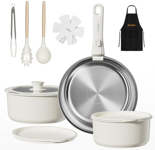 EvoFar Set di pentole in acciaio inox, 14 pezzi, in ceramica, con manici rimovibili, padella da 24 cm, pentola da 18/20 cm, impilabile per tutti i piani cottura