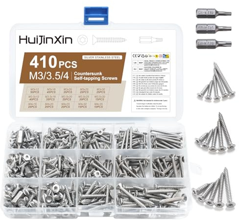 410 Stück Blechschrauben Selbstschneidende Schrauben, Edelstahl Torx Schrauben Set, Torx Flachkopfschrauben, M3 M3,5 M4 Senkkopf Holzschrauben Sortiment(Silber) (Flachkopf)