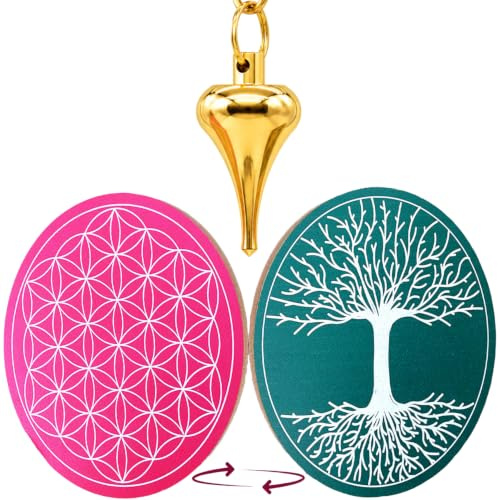 VIBRATIS Pendule Divinatoire Goutte Doré + Fleur de Vie en Bois pour Recharger Pierres et Pendules Divinatoires – Support avec Arbre de Vie ⌀15 cm
