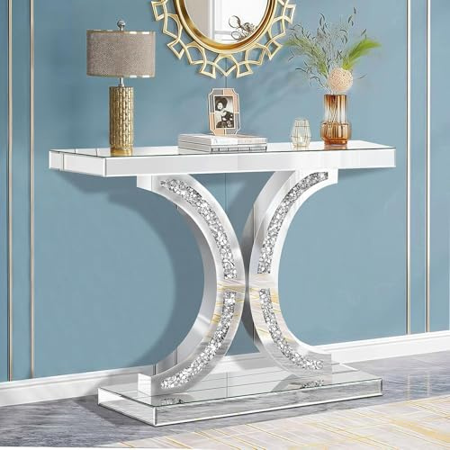 Jesantab Silberner Spiegelkonsoltisch mit Diamant-Einlagen, 100 cm Glastisch, C-förmiges Gestell, Moderner Akzistentisch für Wohnzimmer, Flur, Foyer