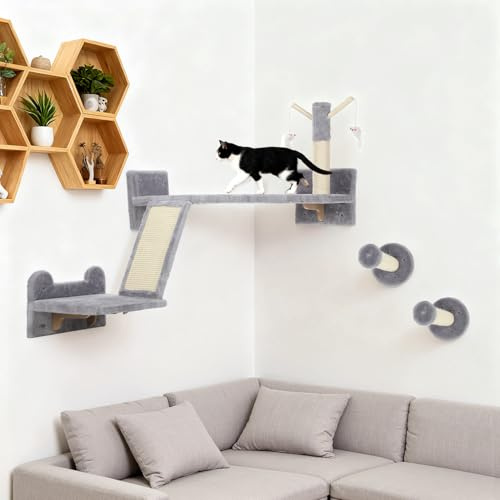 Oyajia Pet Wall Furniture, 3 Piece Cat Shelves with Scratching Posts, Scratching Pads, Perches, Cats Wands, Toy Balls, Corner Design Cat Shelves for Indoor Cats, Kittens, 73x110x76cm, Light Grey