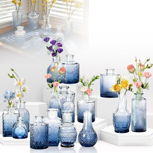 YZNAHRE 32pcs Mini Vasen aus Glas, Kleine Vintage Blumenvasen für Tischdeko, Hochzeitsdeko und Knospenvasen Wohn & Eventdekoration, Verlauf Blau