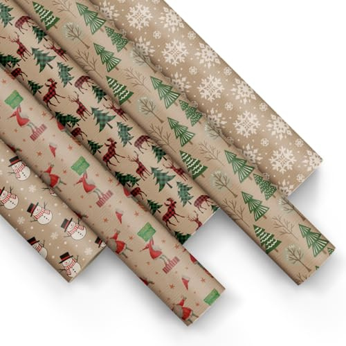 PAW Papel de Regalo 200 x 70 cm, 5 rollos - Navidad Retro | Mix festivo de 5 diseños, resistente y fácil de plegar, ideal para Navidad y regalos de invierno, envoltura cuidada