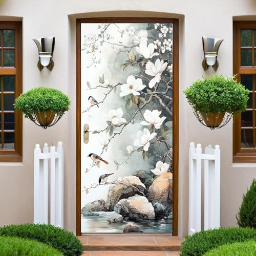 Peinture À L'Aquarelle Papier Peint Porte 73x204 cm Magnolia Trompe l'oeil Sticker Poster Porte Trompe l'oeil Intérieure Muraux PVC pour Décoration Mur Salon Cuisine Chambre Salle de Bain