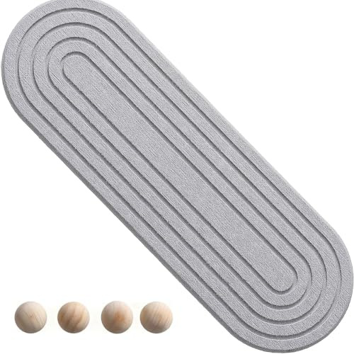 Stone Drying Mat Kitchen, 30 × 10 cm Stone Dish Drying Mat, Fast Drying Soap Tray & Organizer – Diatomaceous Earth Dish Drying Mat with Wooden Feet for Kitchen and Bathroom