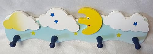 Generico Porte-manteau mural en bois avec lune et nuages, décoration de chambre d'enfant avec 4 crochets, thème étoiles et lune
