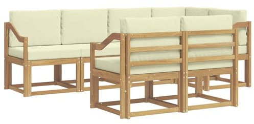 vidaXL Outdoor-Sofagarnitur mit Kissen 7 pcs Weiß und Creme Polyester, Stylisches Outdoor-Sofa-Set, Moderne Gartenmöbel, wetterfestes Akazienholz, modulares Sitzen für Terrasse und Lounge