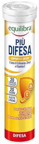 equilibra Integratori Alimentari, Più Difesa, Integratore per la Normale Funzione del Sistema Immunitario, con Echinacea, Zinco e Vitamina C, Gusto Limone, 20 Compresse Effervescenti