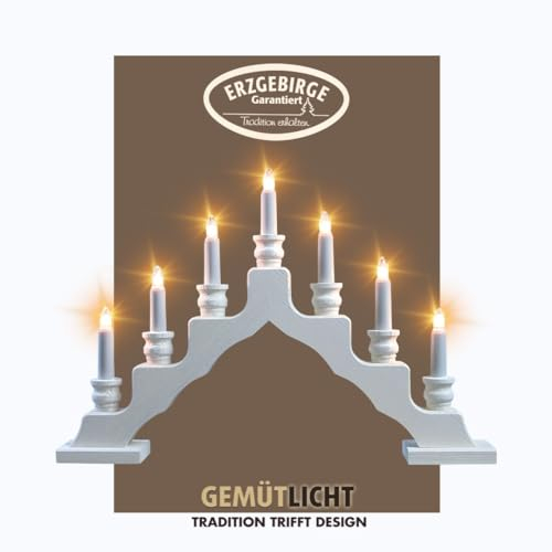 WEIGLA - Schwedenleuchter original Erzgebirge I Trendiger Schwede WEIẞ I Schwibbogen Weihnachten I 7 Lampenkerzen + 1 Ersatzlampe I 7 x 34 V, 3 W, E10 I Weihnachtsdeko innen I Kiefernholz