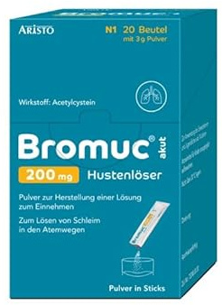 Bromuc akut 200 mg Hustenlöser 20 Beutel - Verflüssigt zähen Schleim und erleichtert das Abhusten bei Atemwegserkrankungen - Schnelle Hilfe für Erwachsene und Kinder ab 6 Jahren