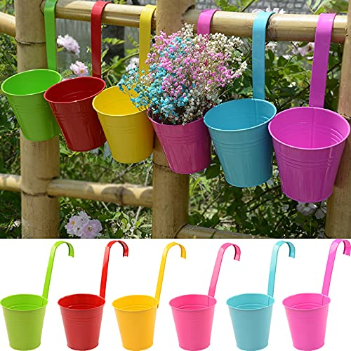 DRULINE 6er Set Blumentopf hängend - Hängetopf - Pflanztopf - Übertopf - Hängeblumentopf – je 1 x Metall gelb/grün/türkis/rot/2 x pink - Ø 9/13 cm - B/H/T ca. 13 x 28 x 24 cm - mit abnehmbaren Haken