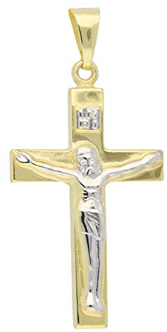 My Gold Damen Kinder Kreuz Anhänger Gold (Ohne Kette) Echtes Gelbgold Weissgold 375 (9 Karat) Bicolor 16mm x 32mm Jesus Inri V0004497