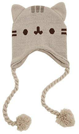 Pusheen Mütze mit Katzengesicht und Ohren – Pusheen die Katze Beanie-Mütze – Grau mit Quasten
