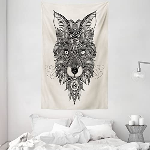 ABAKUHAUS Fuchs Wandteppich und Tagesdecke, Maske Keltische Art aus Weiches Mikrofaser Stoff Waschbar ohne Verblassen Digitaldruck, 140 x 230 cm, Schwarz Ecru