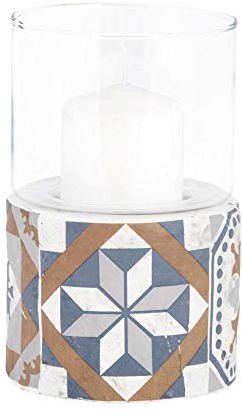 5 Stück Rivanto® Windlicht Portugisische Kacheln mit Betonsockel, Glasglocke, Ø 11,2 x 17,2 cm, rundes Tischlicht