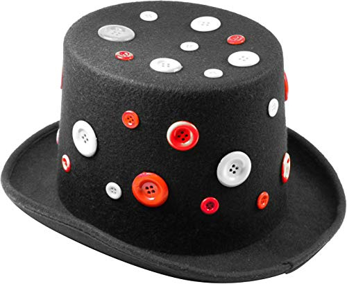 Plitsch Platsch Zylinder Hut für Erwachsene, Byron, Zylinder, Kopfbedeckung, Accessoire, Motto Party, Karneval, Zirkus, Geburtstag, Zauberer (schwarz m. rot/weißen Knöpfen, 59 cm)