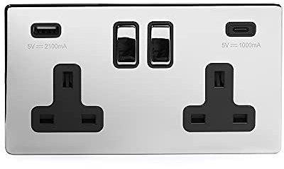 Soho Lighting Polished Chrome 2 Gang USB C Plug Socket (13A Socket + 2 USB Ports A+C 3.1A) Blk Ins Screwless