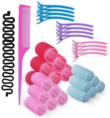 Rollicky Hair Rollers Set (32Pcs) - 18 Self Grip Velcro Hair Rollers for Long & Short Hair Volume & Styling (44+30+25mm), 12 Duckbill Hair Clips, 1 Braider & 1 Comb
