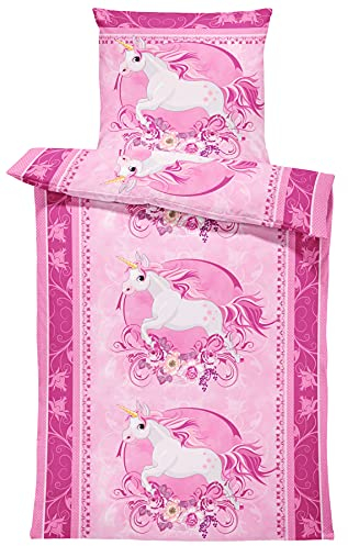 one-home Bettwäsche Mikrofaser Garnitur Bettbezug modern viele Muster mit Reißverschluss, Farbe:Einhorn rosa, Größe:2 teilig 135x200 cm