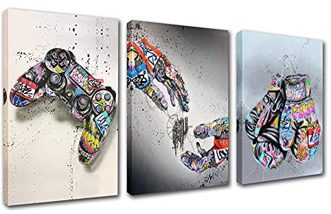 Banksy Street Art Decor Graffiti Wall Art Man Game Handle Paintings for Bedroom Holding Hands Pictures Norse Artwork 3 Pieces Home Decor Framed Ready to Hang Poster and Prints(60''W x 28''H)