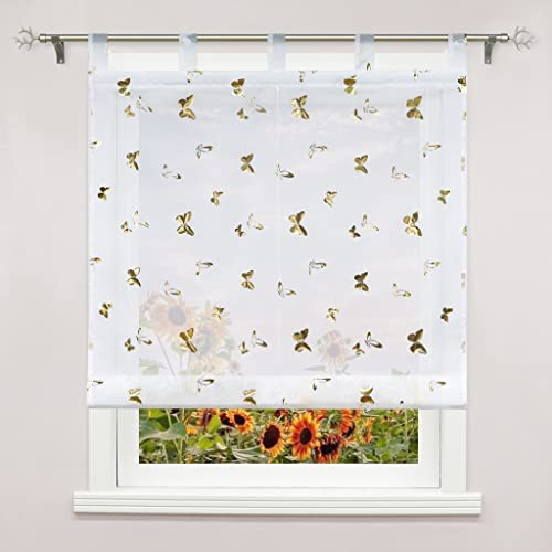 Delien Raffrollo mit Schlaufen Transparente Raffgardine Kurz Vorhang Schlaufenrollo Modern Schals »Schmetterling« Küche Store Fenster Wohnzimmer Gardine 1 St. BxH 100x150cm,Gold