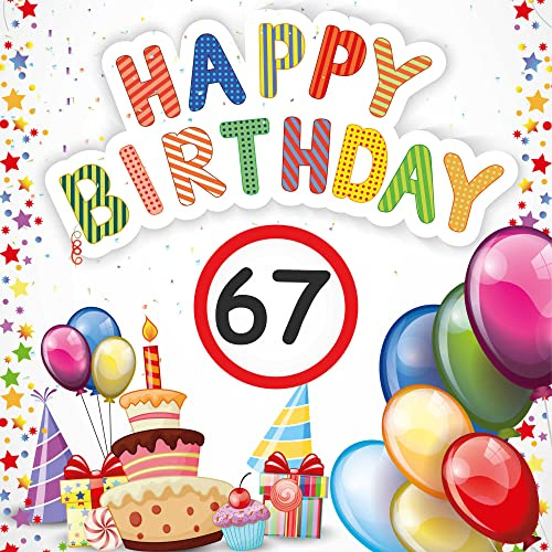 Indigos UG - Banner Geburtstag - Geburtstagsplane - Geburtstagsbanner Alter - 67 Jahre - 100x100 cm - Happy Birthday - mit Alter personalisiert - Kinder & Erwachsene - innen & außen