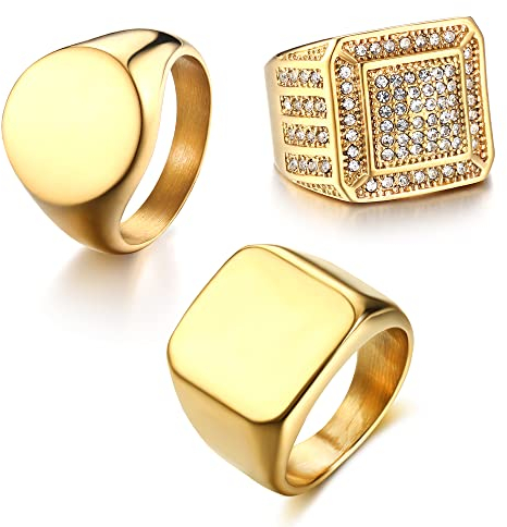Dochais Schmuck 3PCS Ring Herren Damen aus Edelstahl,Ring Damen Gold Schlicht Ring Gold Ring Herren,Zirkon Ring Herren Elegant,Runden Siegelringe (Gold, 67)