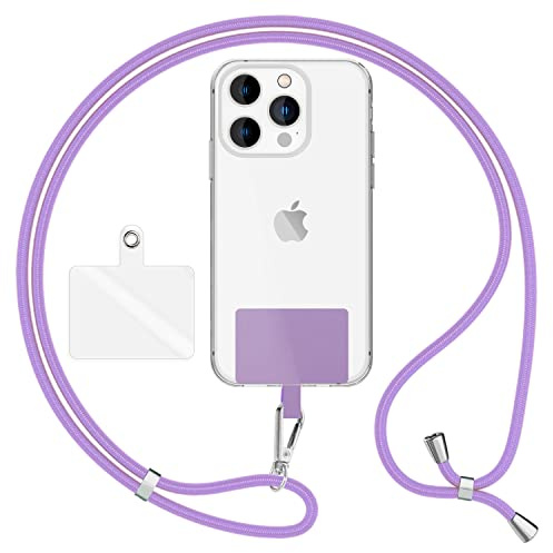 NALIA Universal Handykette für alle Smartphones, Lila, Silber Metall | Klebefreie Montage, Reißfestes Nylon-Gewebe, Klarer und farbiger Einleger, Auch für Kamera und Wallet, HOLDME AIR