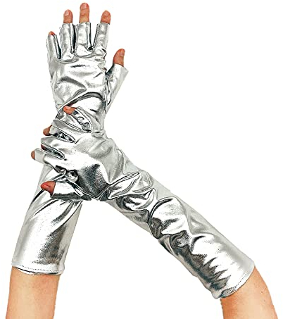 Glänzend Fingerlose Handschuhe,Metallic Glitzer Handschuhe Shine 35 cm-Zubehör Gloves Prinzessin Show Tänzerin Flapper Girl Abendkleid Kostüm Karneval Junggesellenabschied Mottoparty Tanzshow,Silber