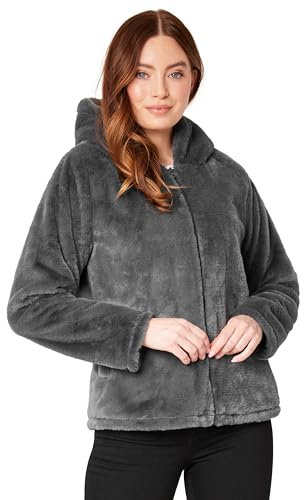 CityComfort Damen Mantel Flauschig mit Kapuze Reißverschluss 2 Taschen(Holzkohle, XL)