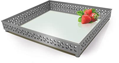 1 x Silver Square Mirror Tray Jewellery Trinket Perfume Organiser Makeup Organiser Tealight Display Cosmetic Vanity Decorative Home Decor (Silver, Square)