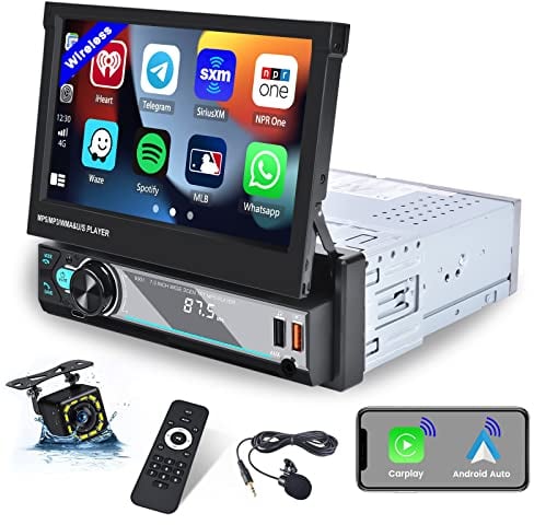 Hikity Wireless Carplay Autoradio mit Blidschirm 1 Din Autoradio Bluetooth mit 7 Zoll Manuelles Ausfahrbarem Display Wireless Android Auto Mirror Link FM AM Radio SWC USB AUX Type-C Rückfahrkamera