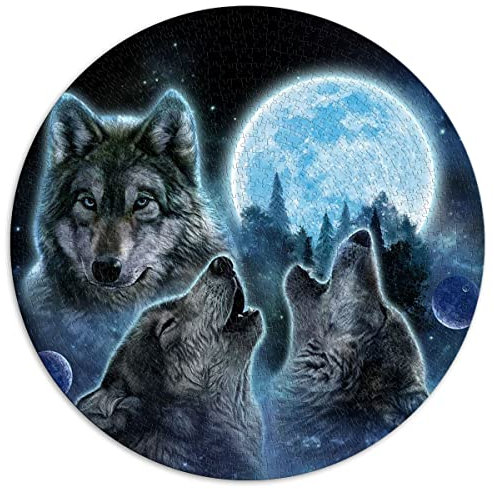 1000-teiliges Puzzle DREI Wölfe und Vollmond, kreisförmige Puzzles für Erwachsene und Kinder, Papppuzzles, tolles Geschenk für Erwachsene (Größe 67,5 x 67,5 cm)